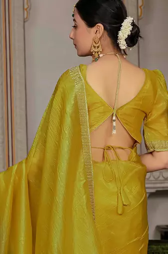 Mustard gold crush cutdana with zarkan work saree with blouse