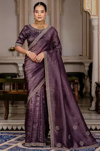 Dark purple gold crush cutdana with zarkan work saree with blouse