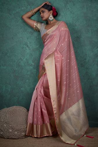 Pink linen blend self woven butta all over, a grand broad patta & sequins woven pallu saree with blouse