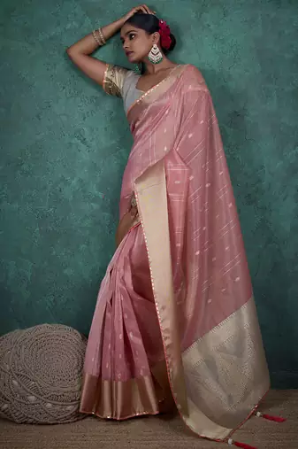 Pink linen blend self woven butta all over, a grand broad patta & sequins woven pallu saree with blouse