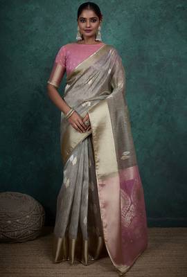 Grey linen blend self woven butta all over, a grand broad patta & sequins woven pallu saree with blouse 1