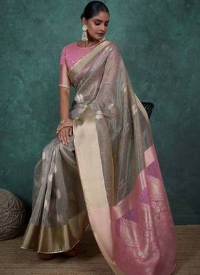 Grey linen blend self woven butta all over, a grand broad patta & sequins woven pallu saree with blouse 2