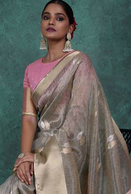 Grey linen blend self woven butta all over, a grand broad patta & sequins woven pallu saree with blouse 3