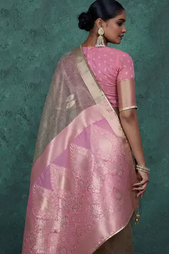 Grey linen blend self woven butta all over, a grand broad patta & sequins woven pallu saree with blouse