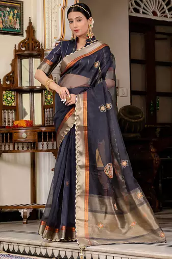Navy blue kota linen handwork butta zari woven patta, woven pallu with sequins touch saree with blouse