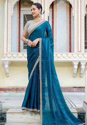 Teal blue satin with velvet lustre sheen handwork lace with piping & cutwork saree with blouse 1