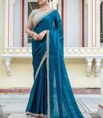 Teal blue satin with velvet lustre sheen handwork lace with piping & cutwork saree with blouse