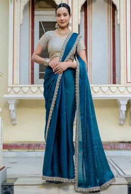 Teal blue satin with velvet lustre sheen handwork lace with piping & cutwork saree with blouse 2