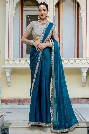 Teal blue satin with velvet lustre sheen handwork lace with piping & cutwork saree with blouse