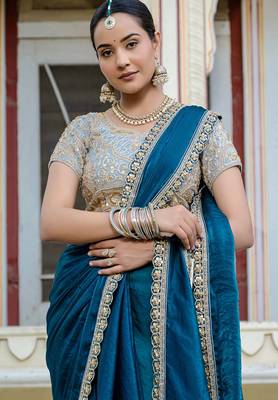 Teal blue satin with velvet lustre sheen handwork lace with piping & cutwork saree with blouse 3