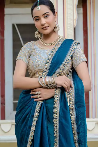 Teal blue satin with velvet lustre sheen handwork lace with piping & cutwork saree with blouse