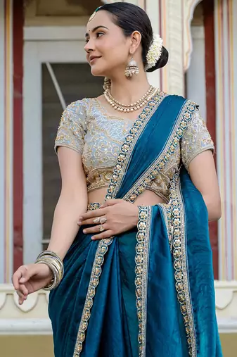 Teal blue satin with velvet lustre sheen handwork lace with piping & cutwork saree with blouse