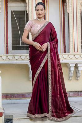 Wine satin with velvet lustre sheen handwork lace with piping & cutwork saree with blouse 1