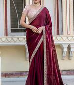 Wine satin with velvet lustre sheen handwork lace with piping & cutwork saree with blouse
