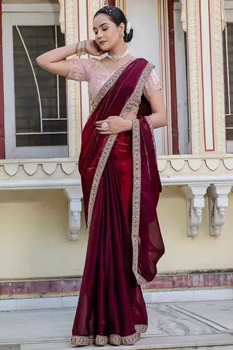 Wine satin with velvet lustre sheen handwork lace with piping & cutwork saree with blouse