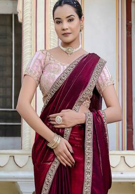 Wine satin with velvet lustre sheen handwork lace with piping & cutwork saree with blouse 3