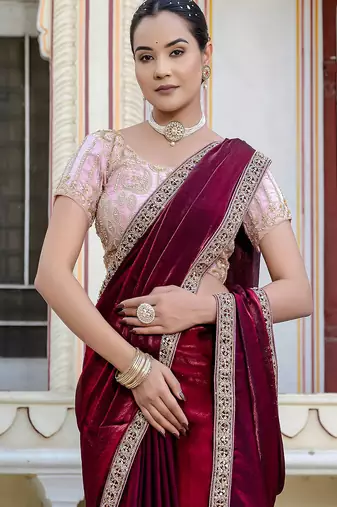 Wine satin with velvet lustre sheen handwork lace with piping & cutwork saree with blouse