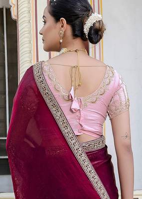 Wine satin with velvet lustre sheen handwork lace with piping & cutwork saree with blouse 4
