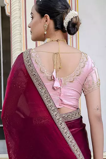 Wine satin with velvet lustre sheen handwork lace with piping & cutwork saree with blouse