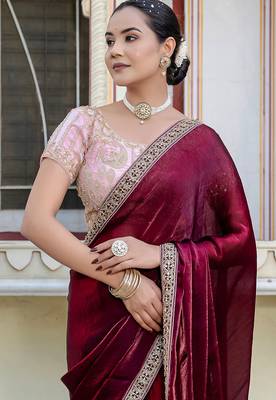 Wine satin with velvet lustre sheen handwork lace with piping & cutwork saree with blouse 5