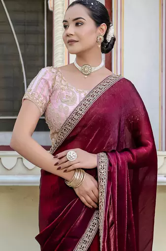 Wine satin with velvet lustre sheen handwork lace with piping & cutwork saree with blouse