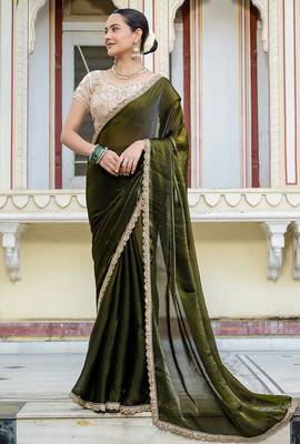 Mehendi satin with velvet lustre sheen handwork lace with piping & cutwork saree with blouse 1