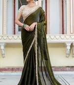 Mehendi satin with velvet lustre sheen handwork lace with piping & cutwork saree with blouse