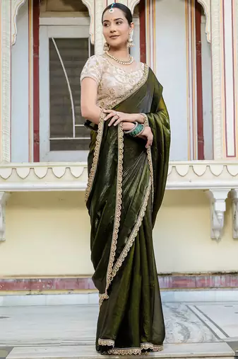 Mehendi satin with velvet lustre sheen handwork lace with piping & cutwork saree with blouse
