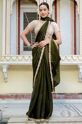 Mehendi satin with velvet lustre sheen handwork lace with piping & cutwork saree with blouse 3