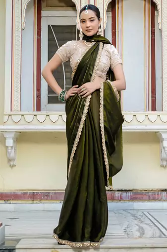 Mehendi satin with velvet lustre sheen handwork lace with piping & cutwork saree with blouse