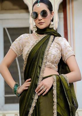 Mehendi satin with velvet lustre sheen handwork lace with piping & cutwork saree with blouse 4
