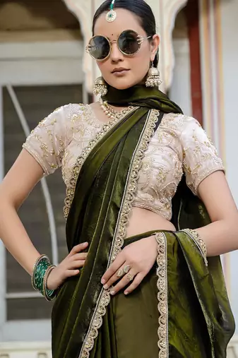 Mehendi satin with velvet lustre sheen handwork lace with piping & cutwork saree with blouse
