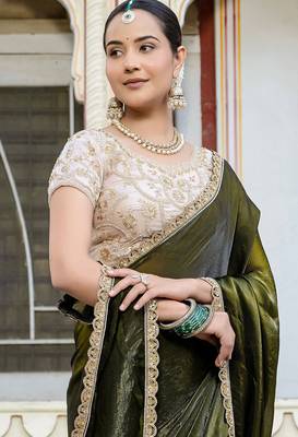 Mehendi satin with velvet lustre sheen handwork lace with piping & cutwork saree with blouse 5