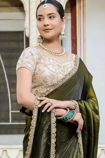 Mehendi satin with velvet lustre sheen handwork lace with piping & cutwork saree with blouse