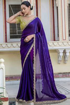 Violet satin with velvet lustre sheen handwork lace with piping & cutwork saree with blouse 1