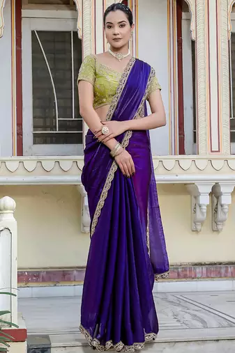 Violet satin with velvet lustre sheen handwork lace with piping & cutwork saree with blouse