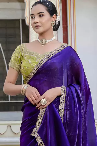 Violet satin with velvet lustre sheen handwork lace with piping & cutwork saree with blouse