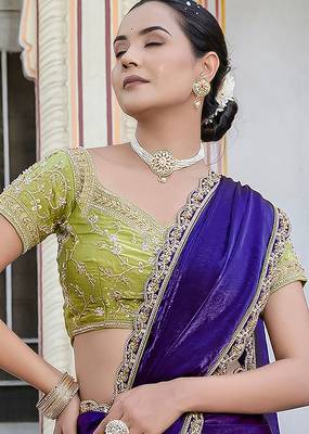 Violet satin with velvet lustre sheen handwork lace with piping & cutwork saree with blouse 4