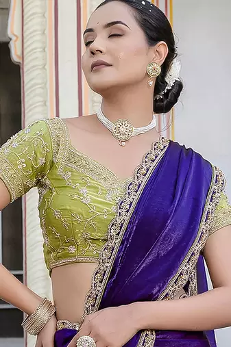 Violet satin with velvet lustre sheen handwork lace with piping & cutwork saree with blouse