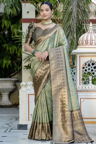 Green kanjivaram silk soft zari & meenakari woven saree with blouse