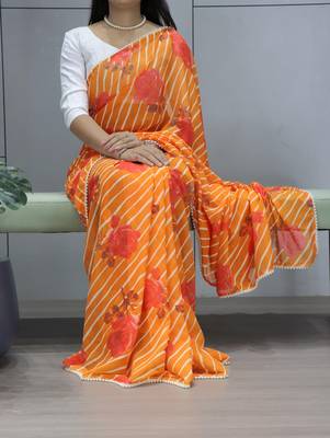 Orange leheriya printed weightless saree with unstitched blouse 1