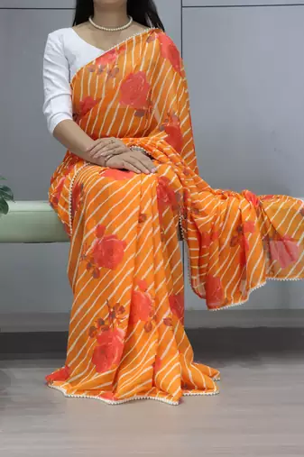 Orange leheriya printed weightless saree with unstitched blouse