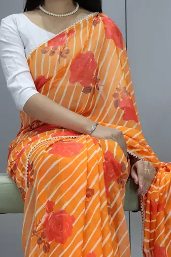 Orange leheriya printed weightless saree with unstitched blouse