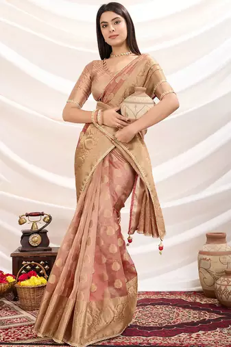 Peach crush tissue silk zari woven (butta, patta & rich pallu) saree with blouse
