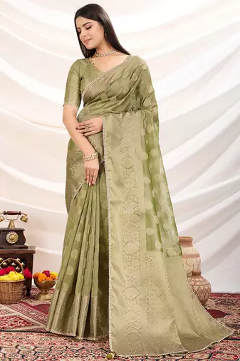 Green crush tissue silk zari woven (butta, patta & rich pallu) saree with blouse