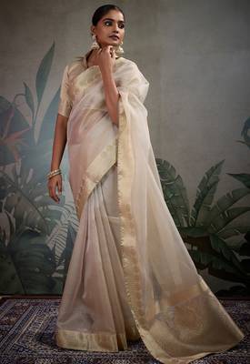 Cream tissue silk woven patta & pallu saree with blouse 1