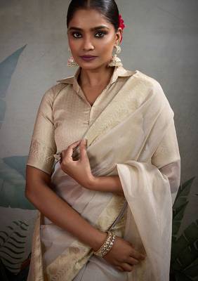 Cream tissue silk woven patta & pallu saree with blouse 2