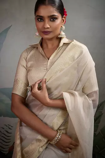 Cream tissue silk woven patta & pallu saree with blouse