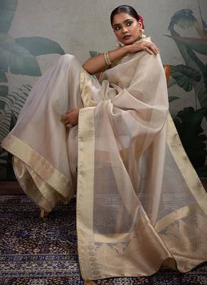 Cream tissue silk woven patta & pallu saree with blouse 3