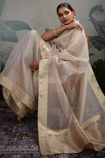 Cream tissue silk woven patta & pallu saree with blouse